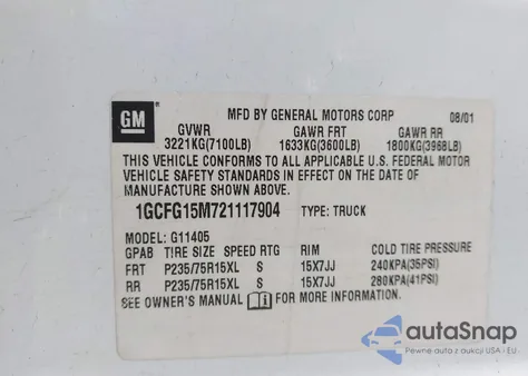 2002 Chevrolet Express из США, поврежденный, VIN 1GCFG15M721117904